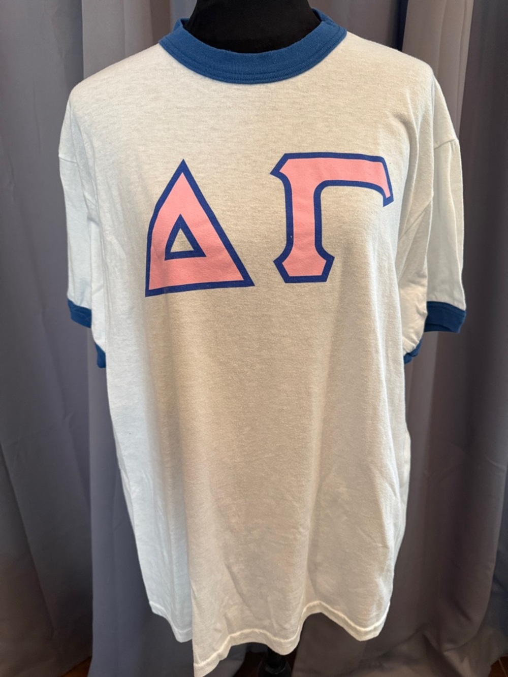 Augusta Sportswear White Ringer Tee with Pink Greek Letters and Blue Trim